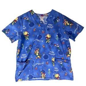 Winnie the Pooh Christmas Scrub Top Womens Disney Holiday Medical Uniform Large